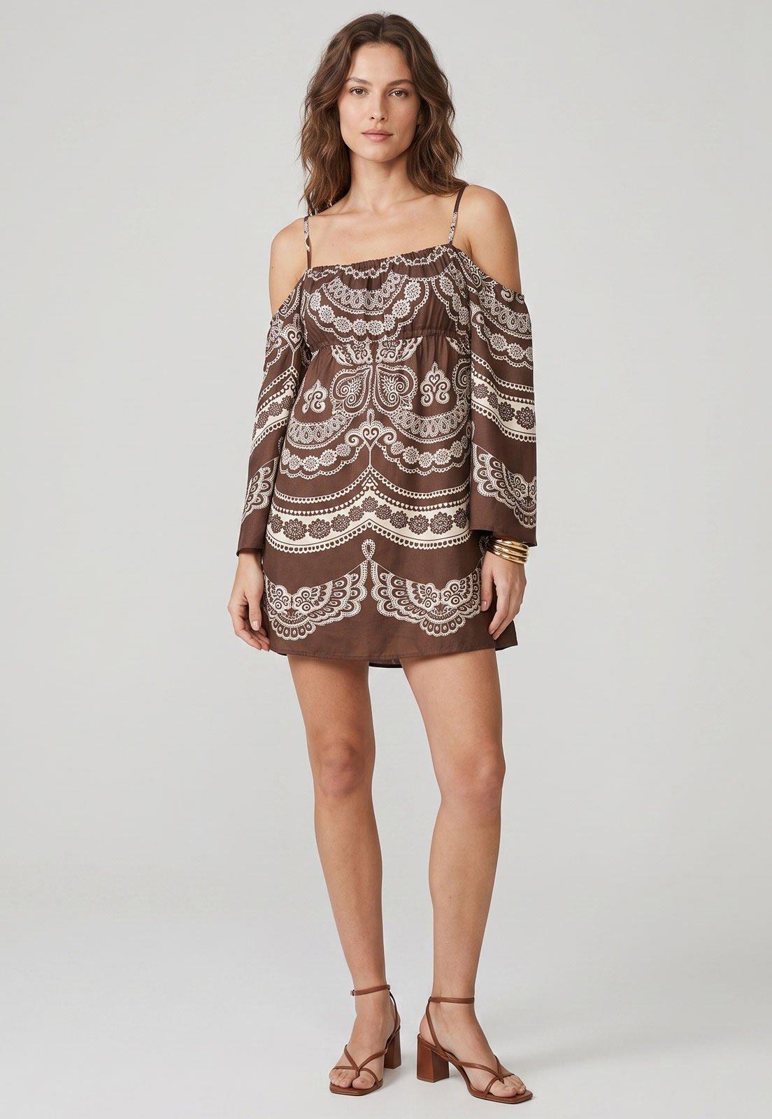 Vestido Feminino FARM Curto Alça Ombro a Ombro Marrom