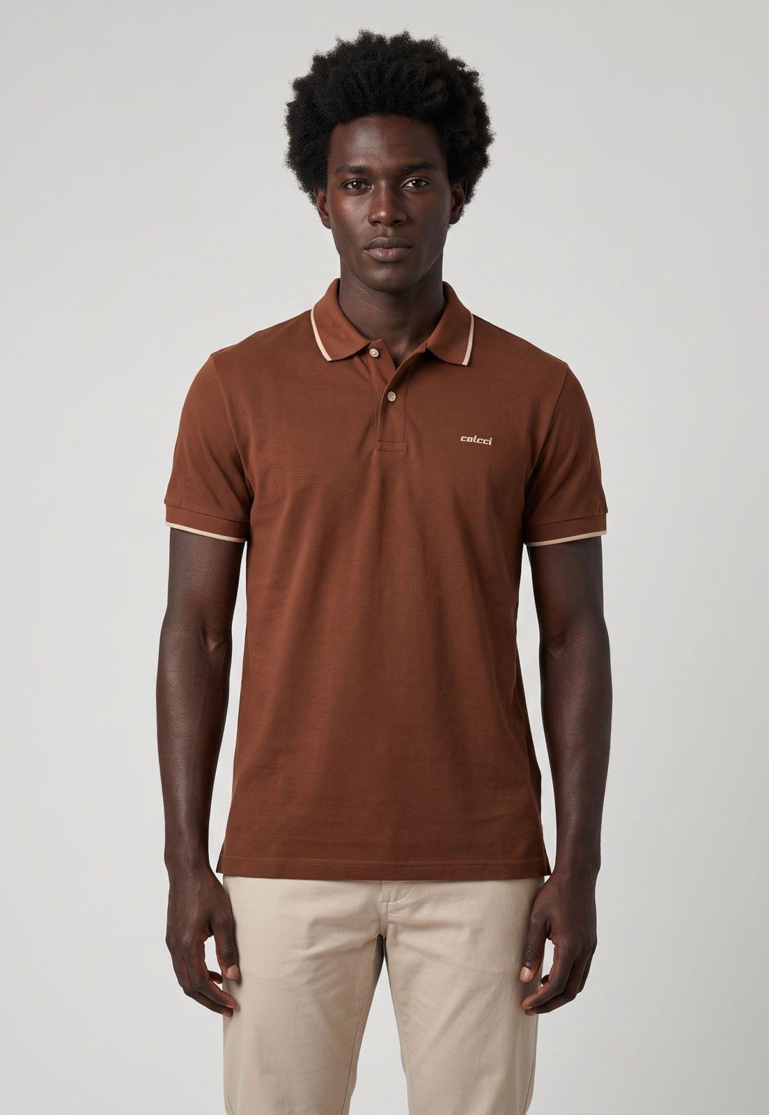 Polo Masculina Colcci Gola Friso Marrom