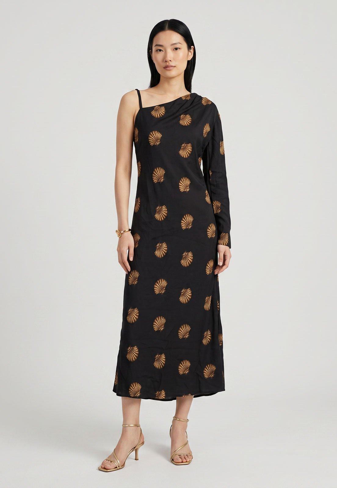 Vestido FARM Assimétrico Conchas Preto