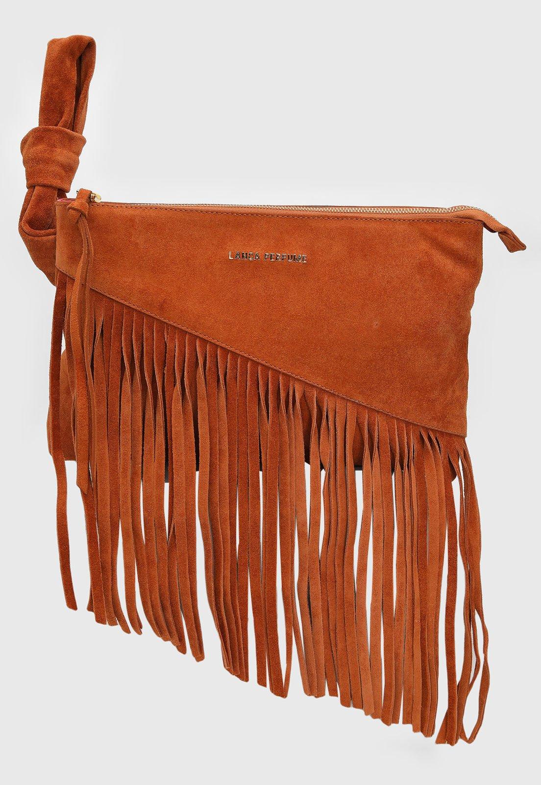 Bolsa Feminina Lança Perfume Franjas Aveludada Caramelo