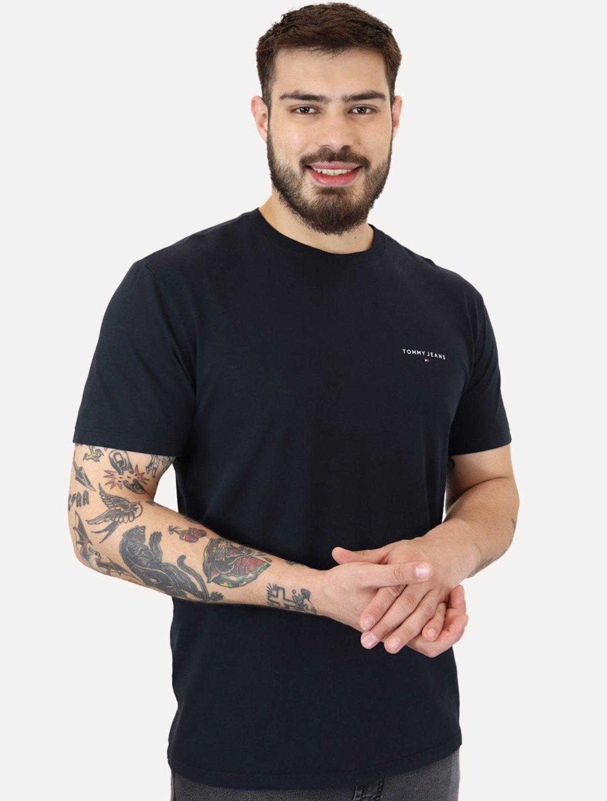 Camiseta Tommy Jeans Masculina Slim Linear Chest Azul Marinho