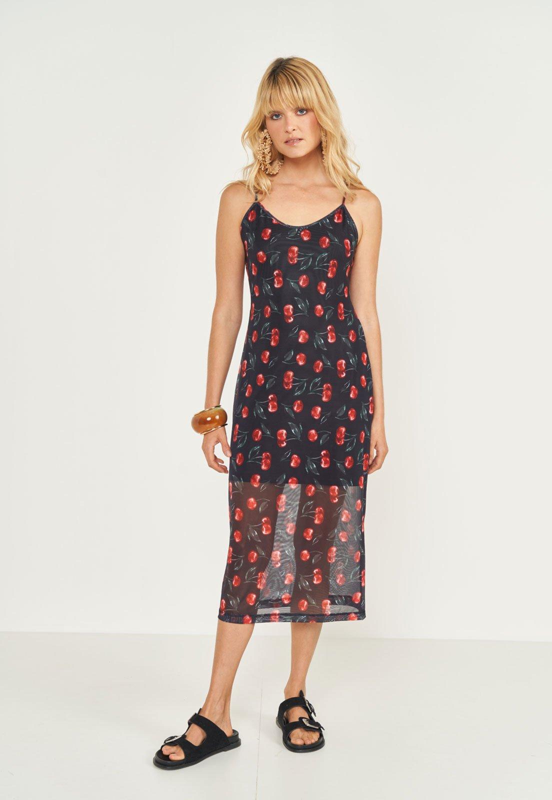 Vestido Feminino Colcci Estampado Cereja Midi Preto