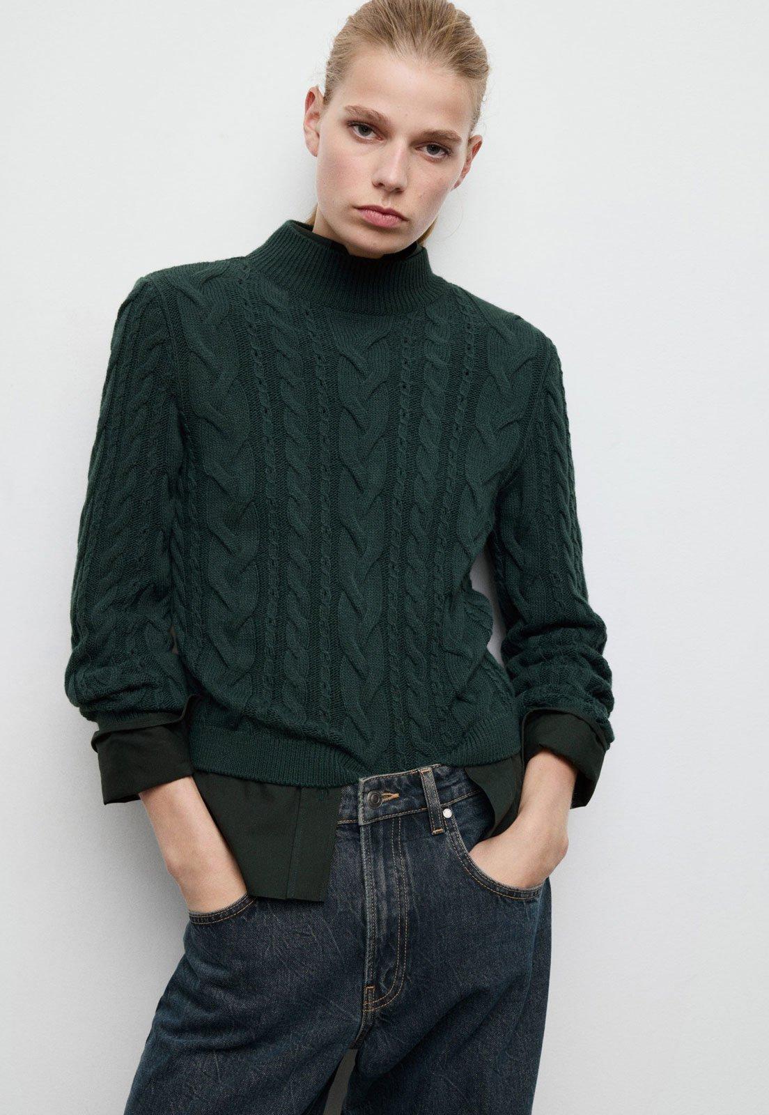 Suéter Feminino Mango Tricô Ponto Trançado Verde Escuro