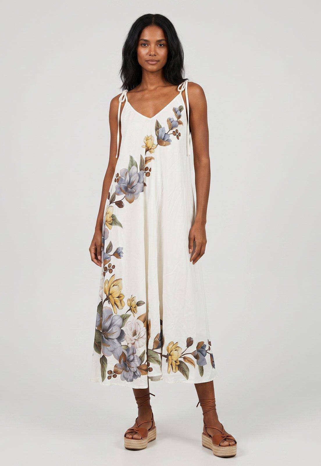 Vestido Feminino FARM Alças Finas Midi Floral Branco