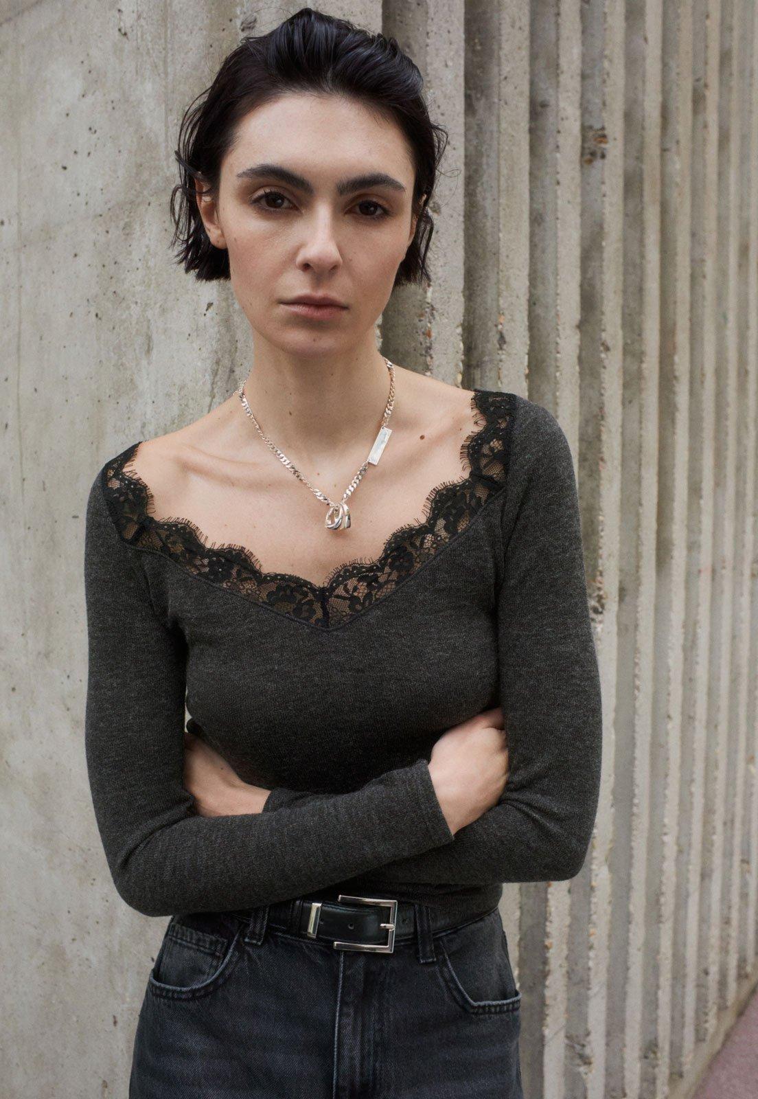 Blusa Feminina Mango Renda Veroni Grafite