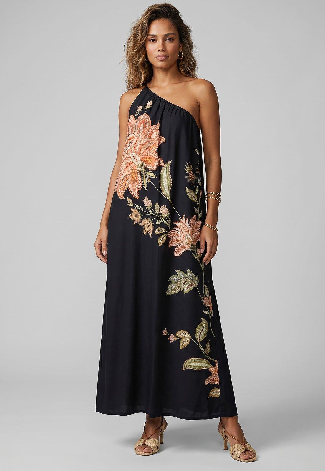 Vestido Feminino FARM Longo Estampa Floral Preto