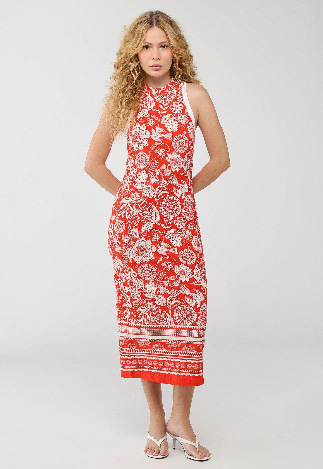 Vestido Feminino Midi Colcci Estampa Floral Vermelho