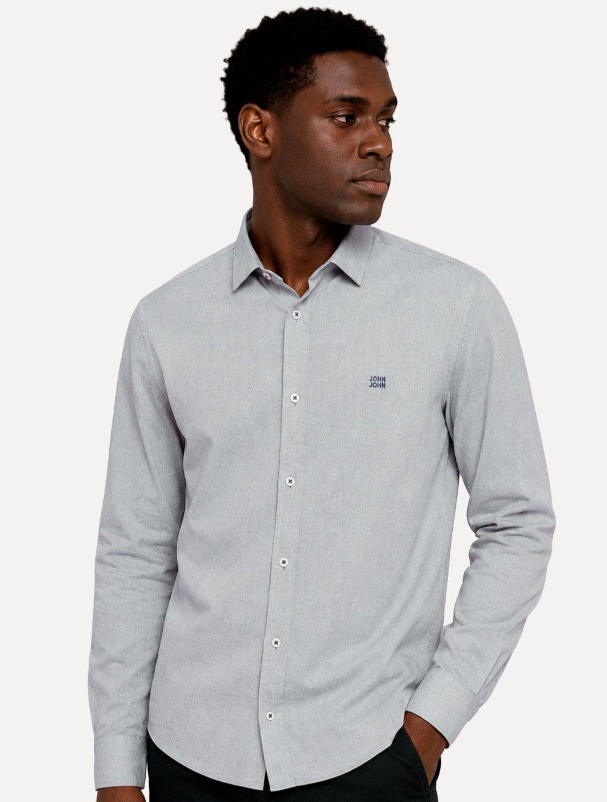 Camisa John John Masculina Regular Chambray Blue Logo Cinza Médio