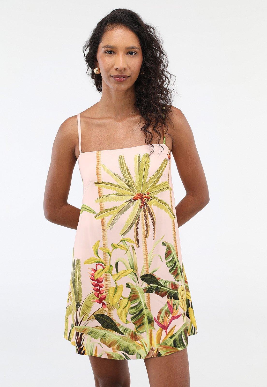 Vestido Feminino FARM Estampa Tropical Alças Finas Rosa