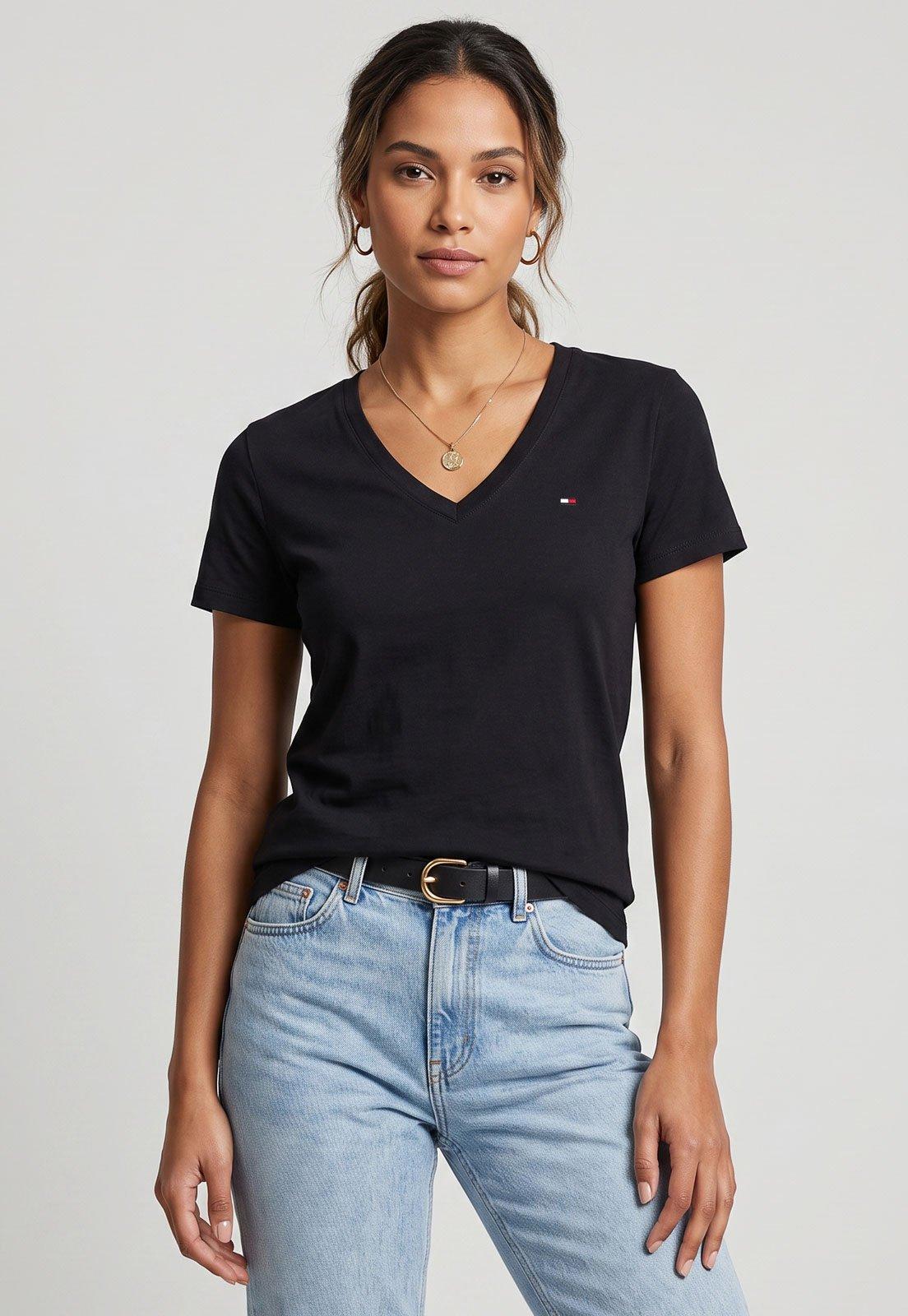 Camiseta Feminina Tommy Hilfiger Logo Bordado Preto