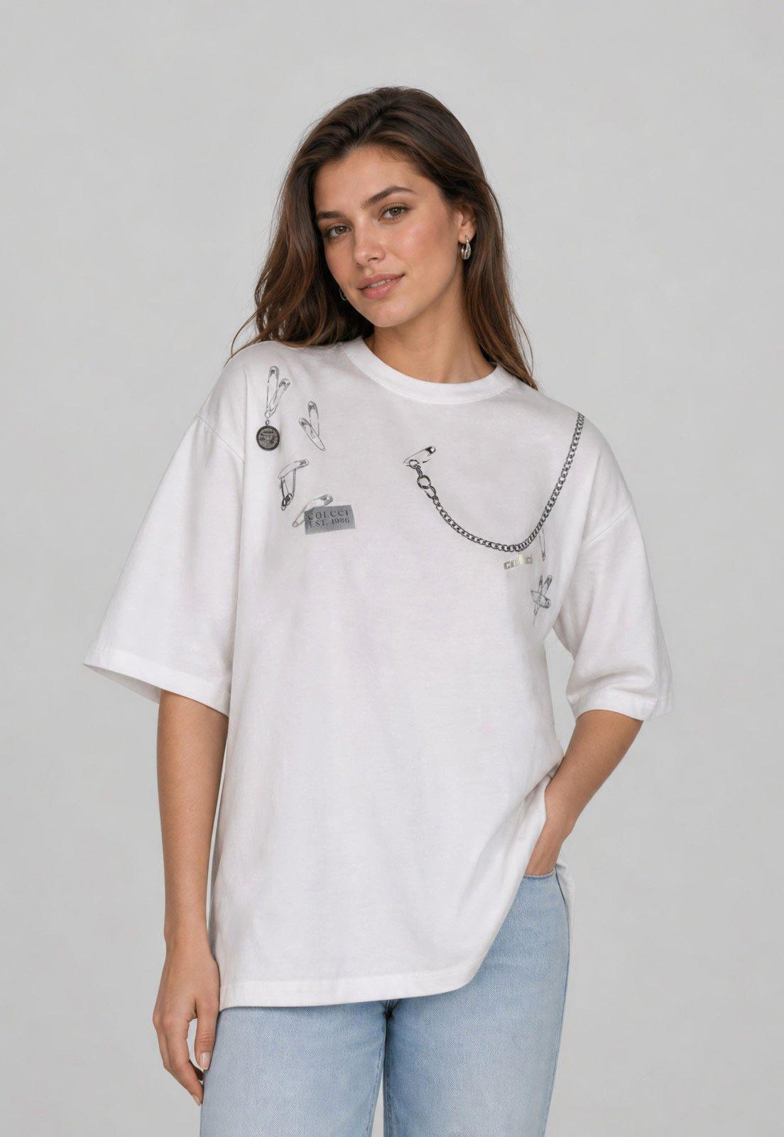 Camiseta Feminina Colcci Estampa Ilustrações Branca