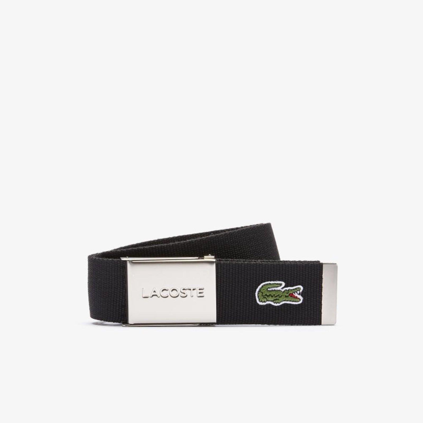Cinto masculino Made in France em tecido com fivela com gravação Lacoste Preto