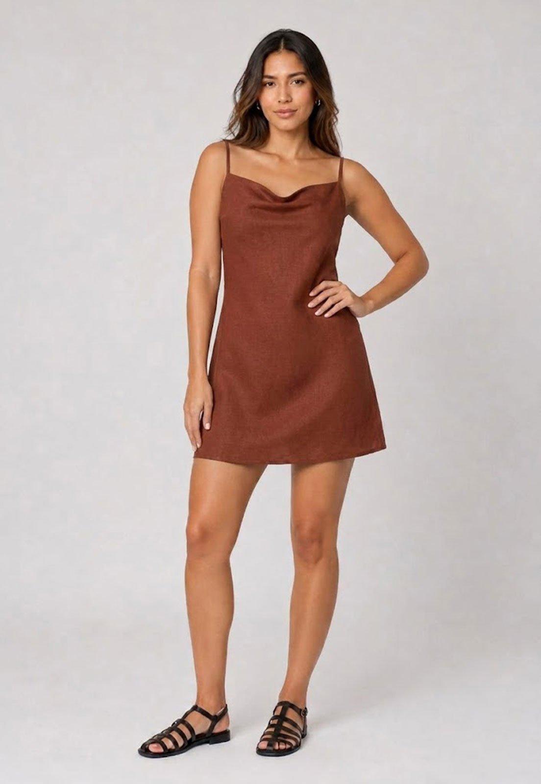 Vestido Feminino FARM Curto Alças Finas Marrom