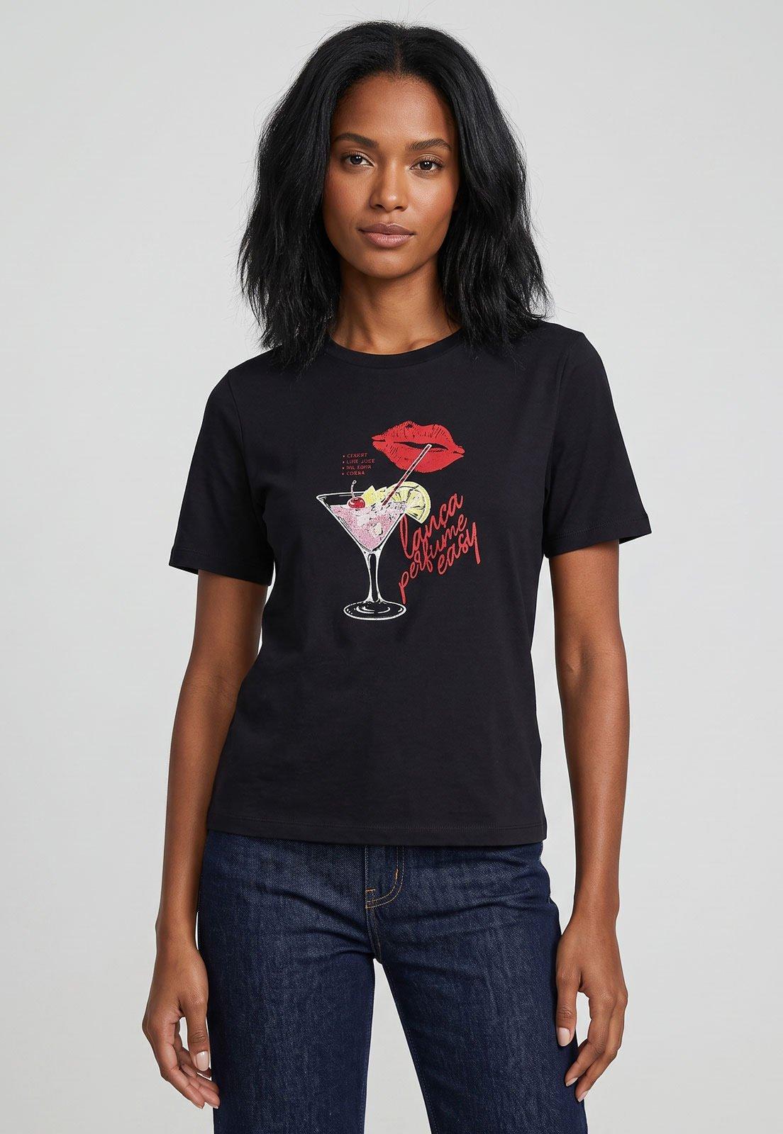 Camiseta Feminina Lança Perfume Estampa Coquetel Preta