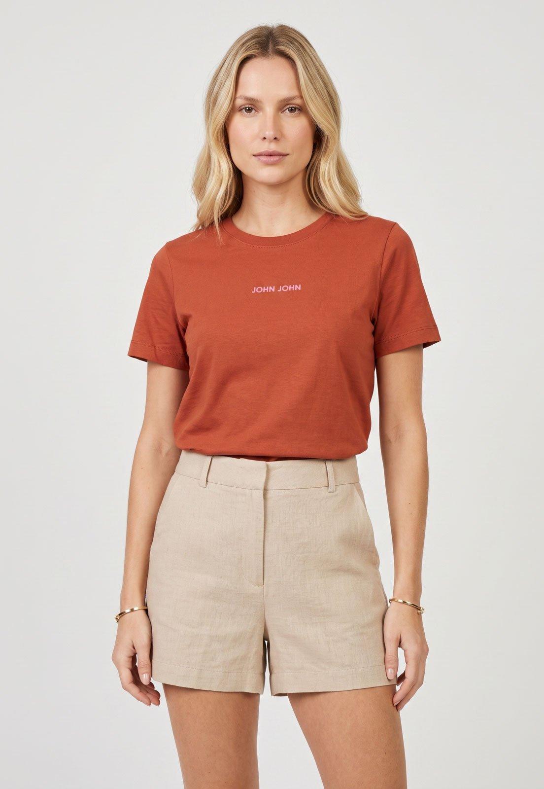 Camiseta Feminina John John Bordado Laranja