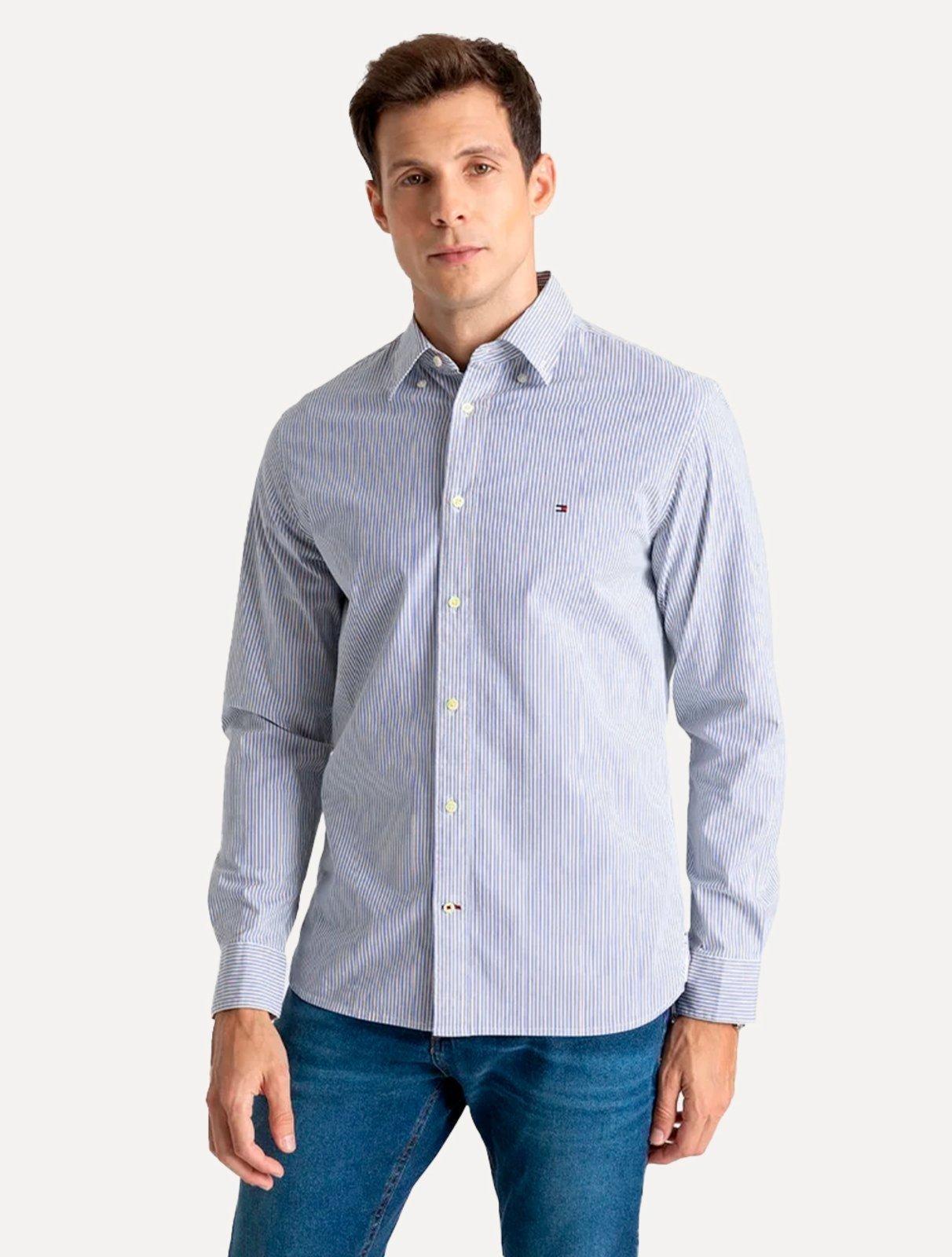 Camisa Tommy Hilfiger Masculina Regular Striped Poplin Azul Médio