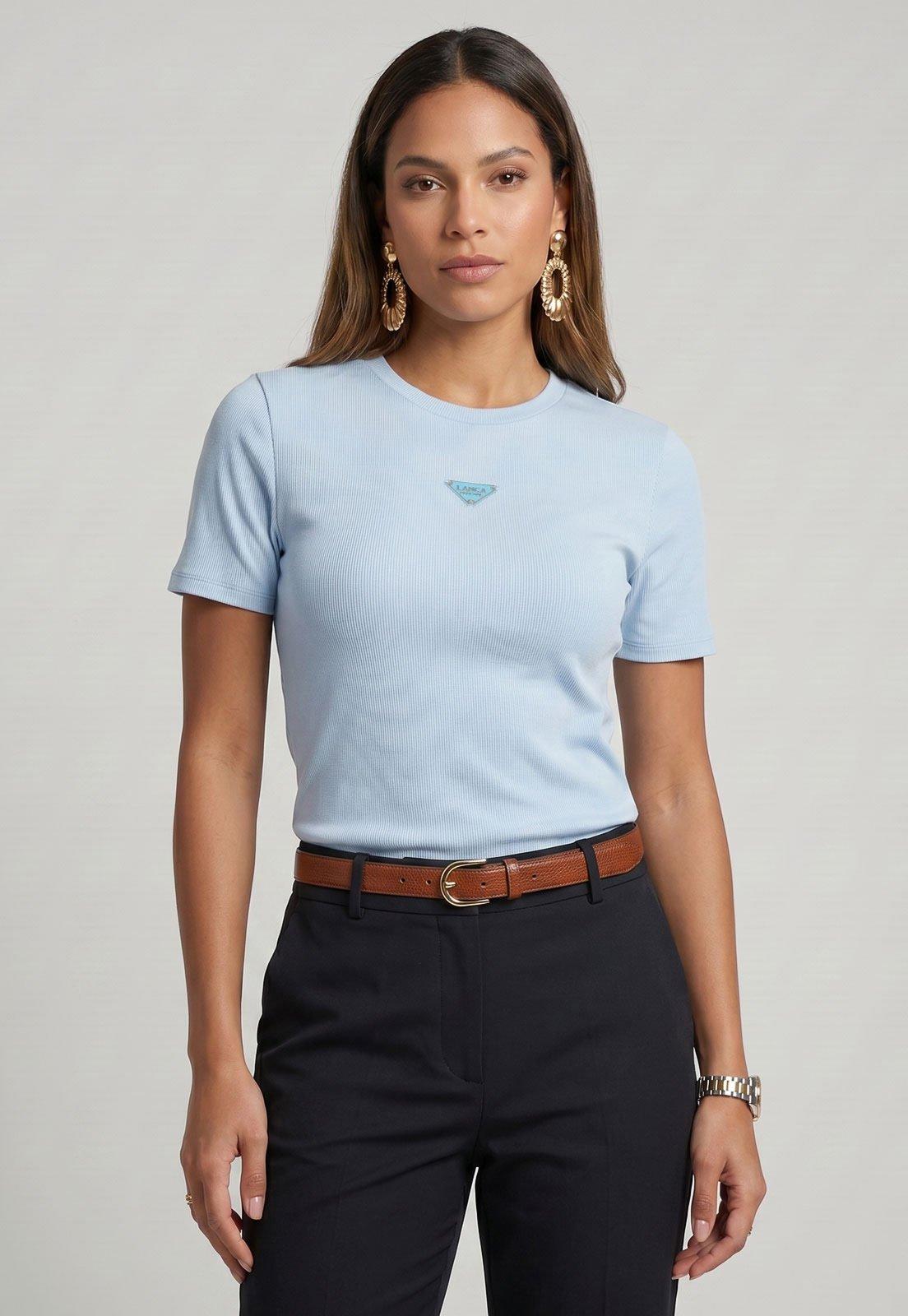 Camiseta Feminina Lança Perfume Logo Azul Claro