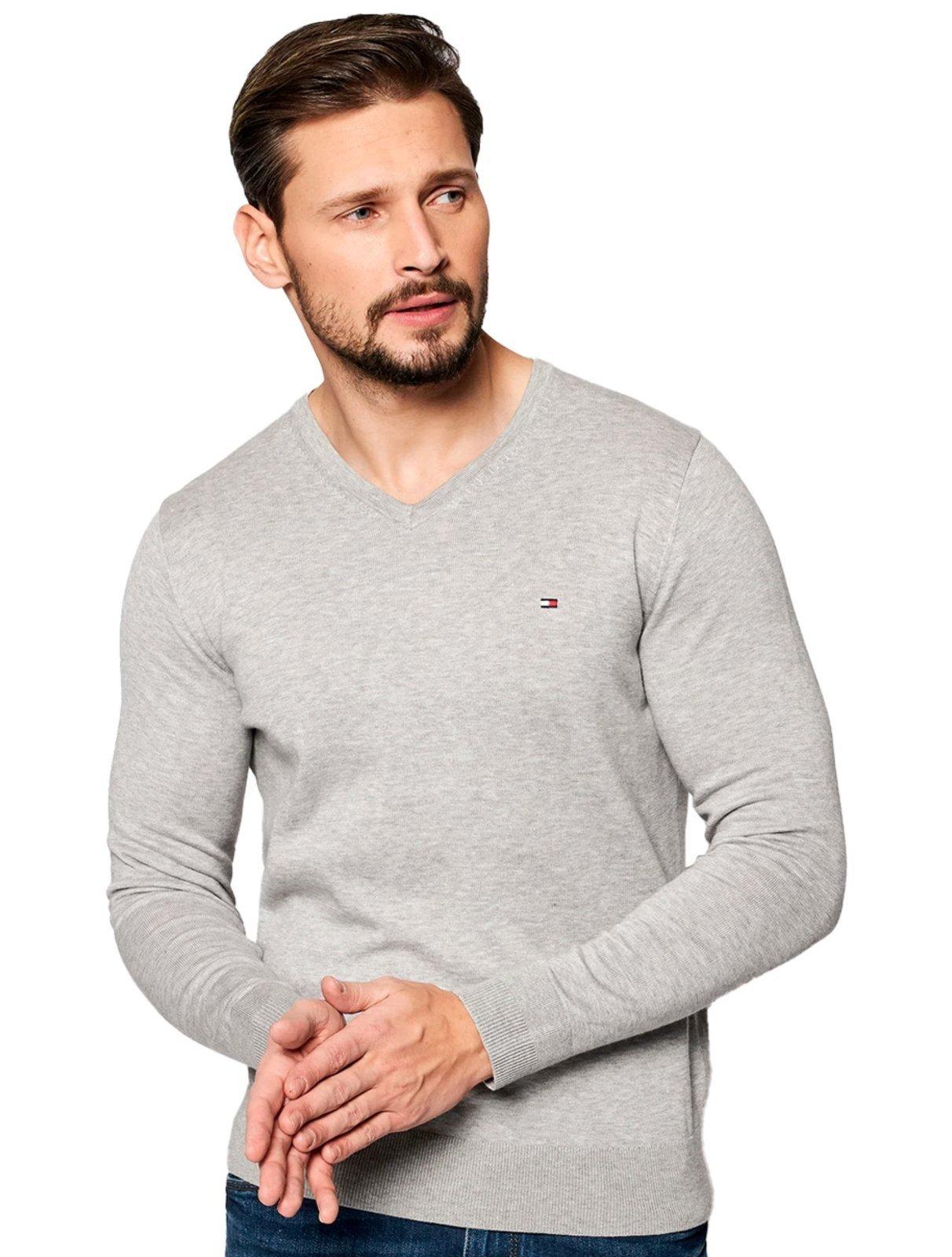 Suéter Tommy Hilfiger Masculino Signature V-Neck Cinza Mescla