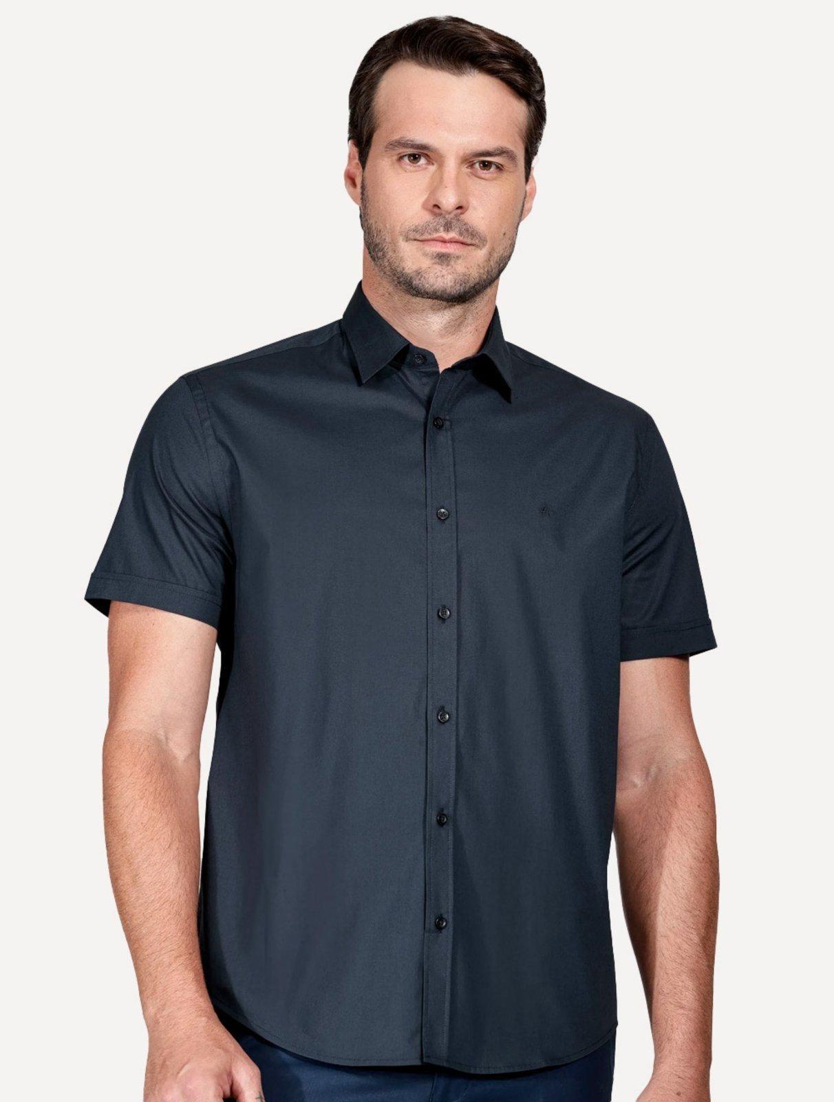 Camisa Aramis Masculina Manga Curta Slim Stretch Tricoline Azul Marinho