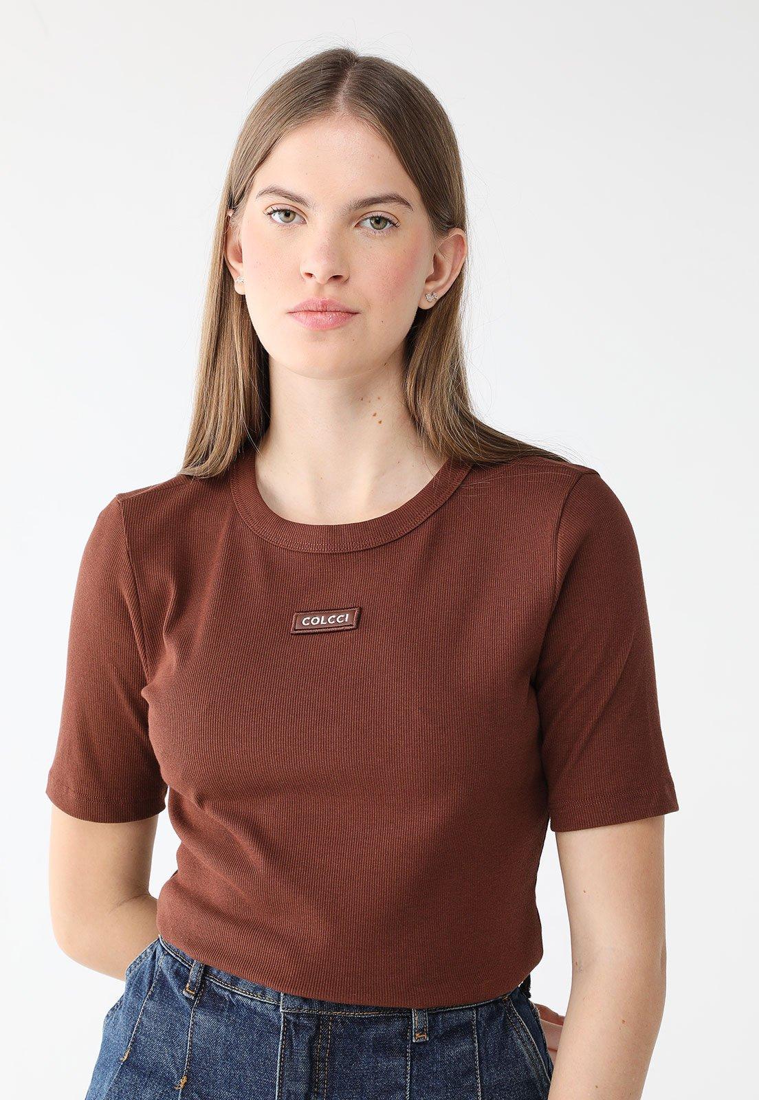 Blusa Canelada Colcci Slim Logo Marrom
