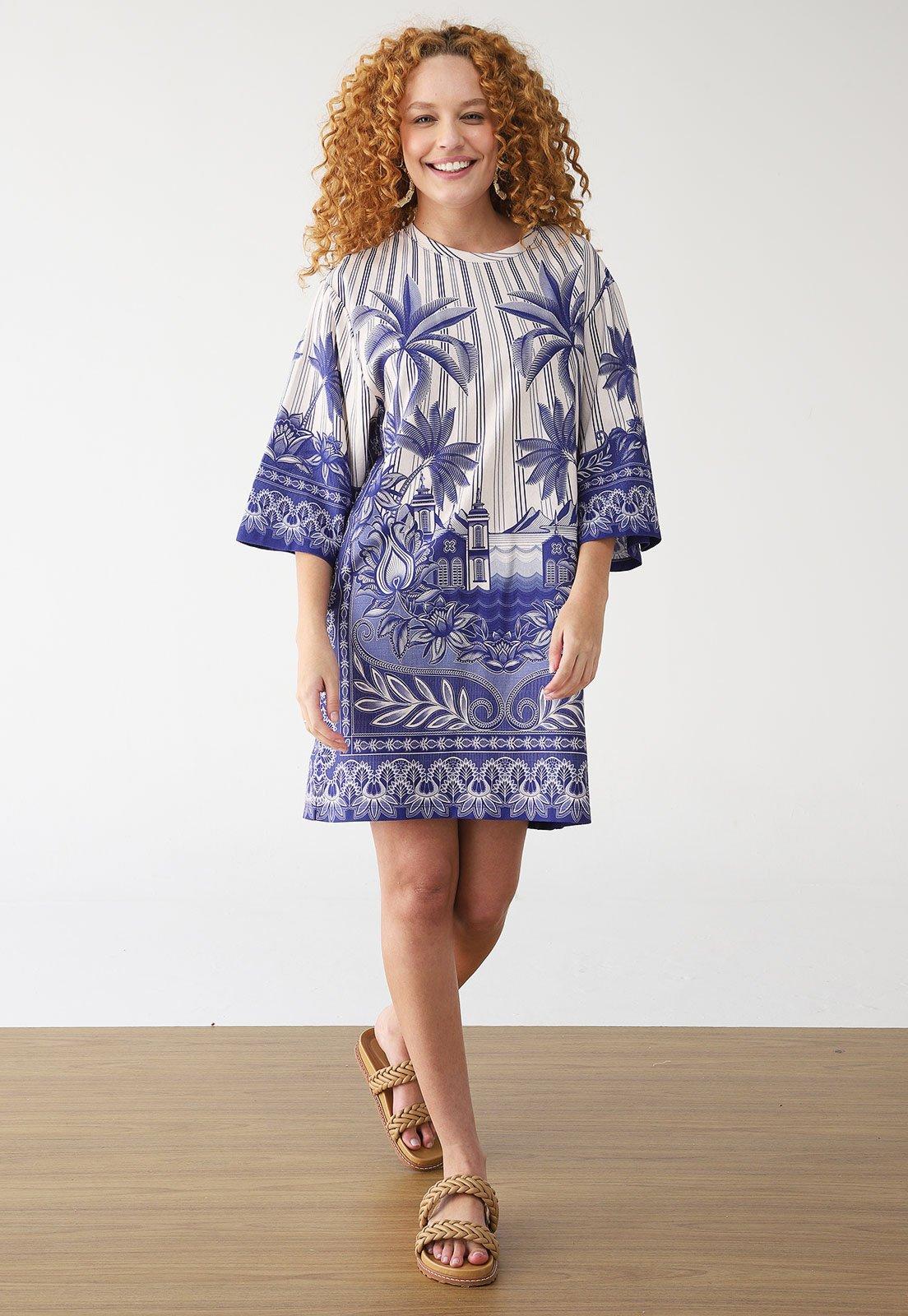 Vestido FARM Curto Tshirt Big Afeto Tropical Off-White