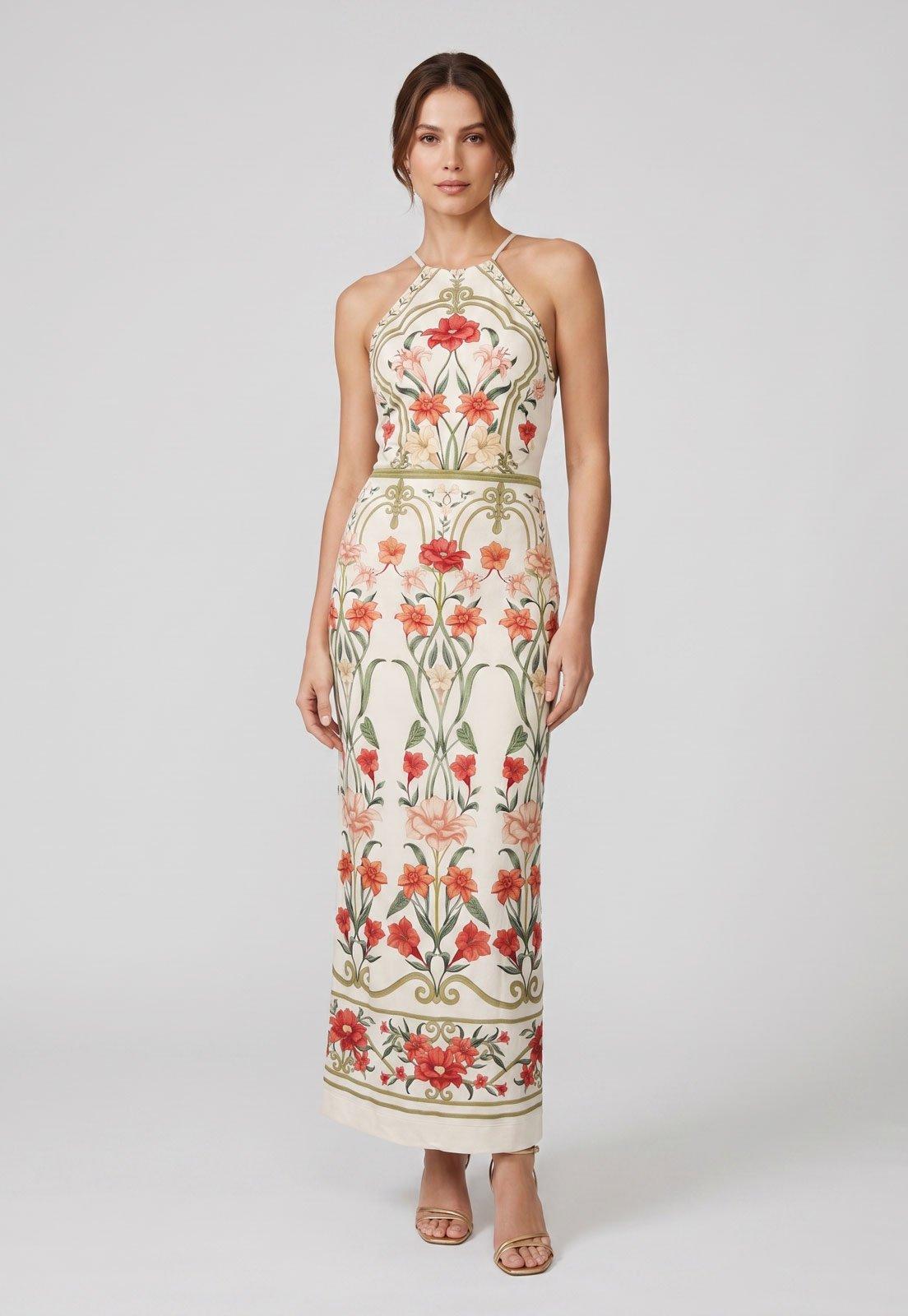 Vestido Longo FARM Midi Floral Bege
