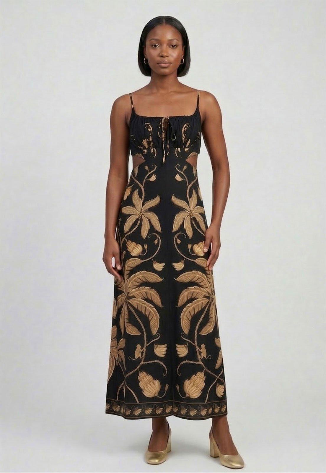 Vestido Feminino FARM Longo Estampa Botânica Preto