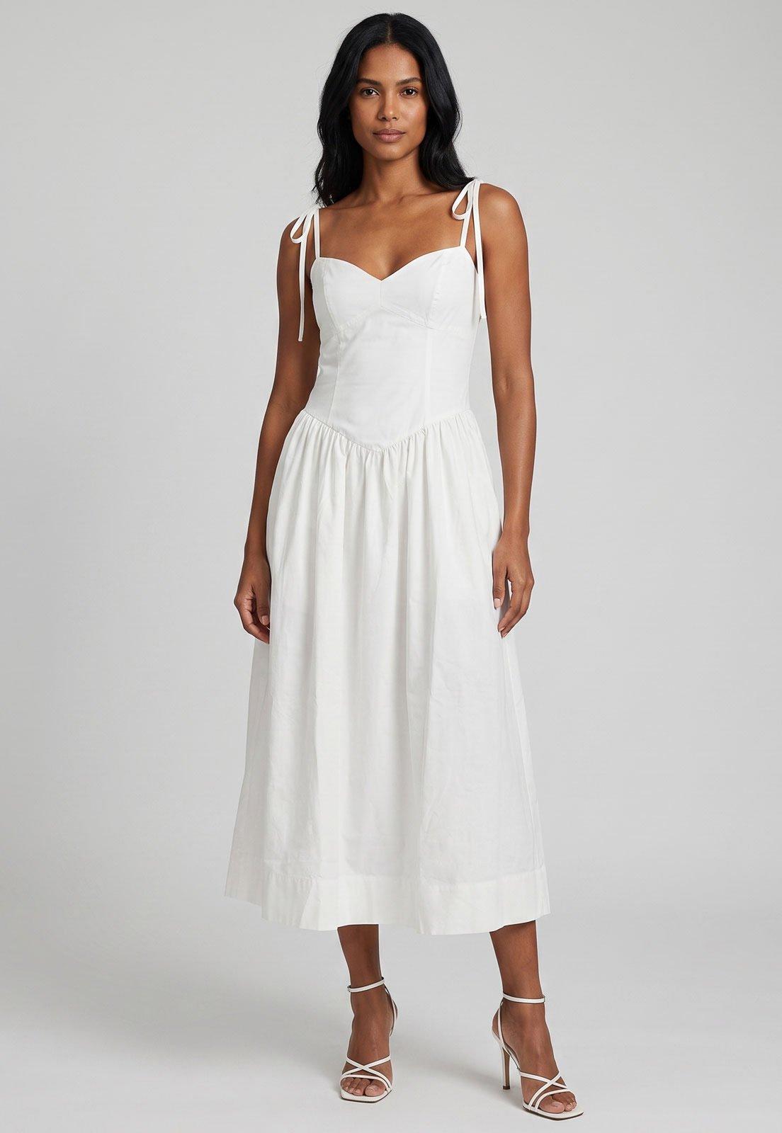Vestido Feminino FARM Midi Decote Coração Branco