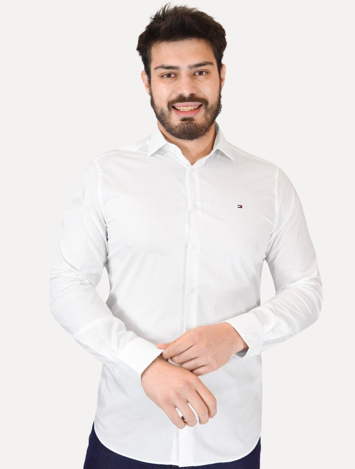 Camisa Tommy Hilfiger Masculina Slim THFlex Poplin Branco