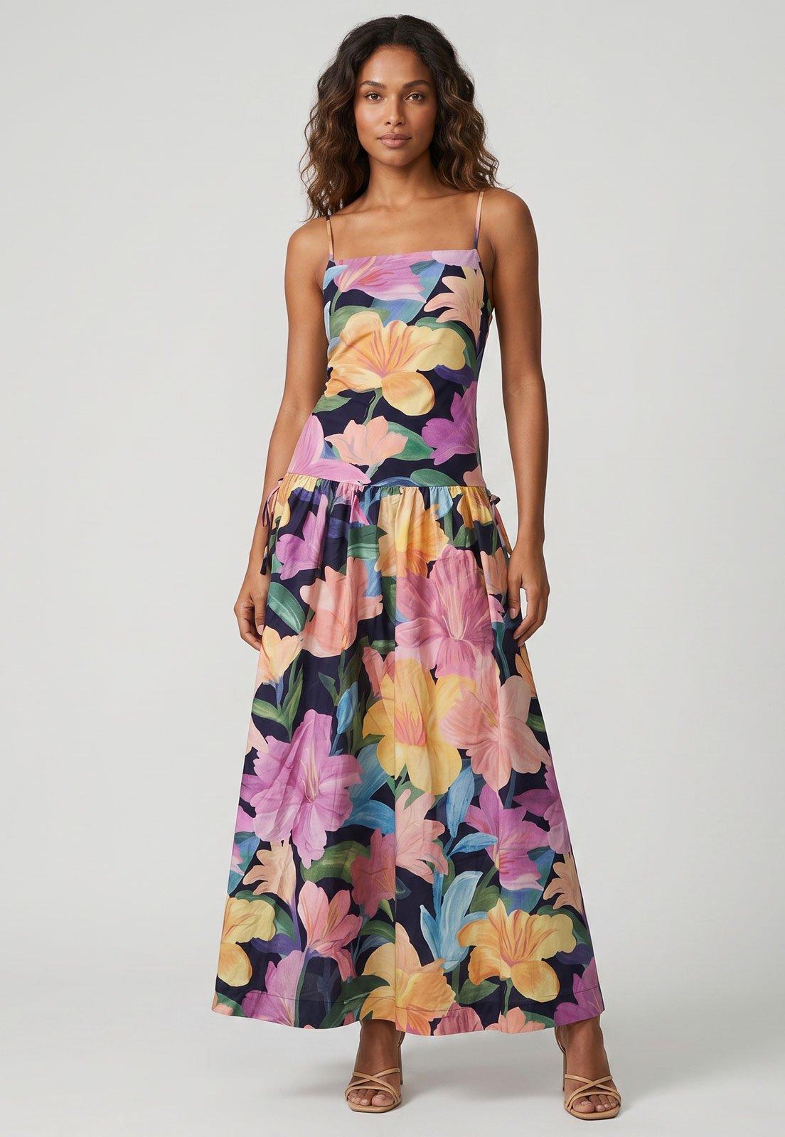 Vestido Feminino FARM Floral Azul-Marinho