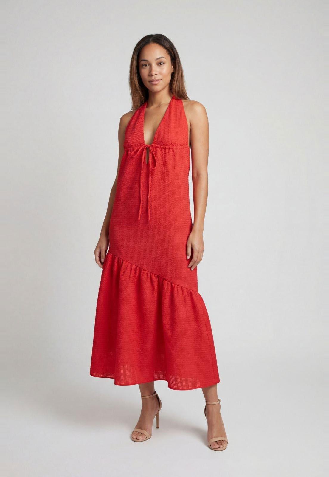 Vestido Feminino Lança Perfume Midi Babado Vermelho