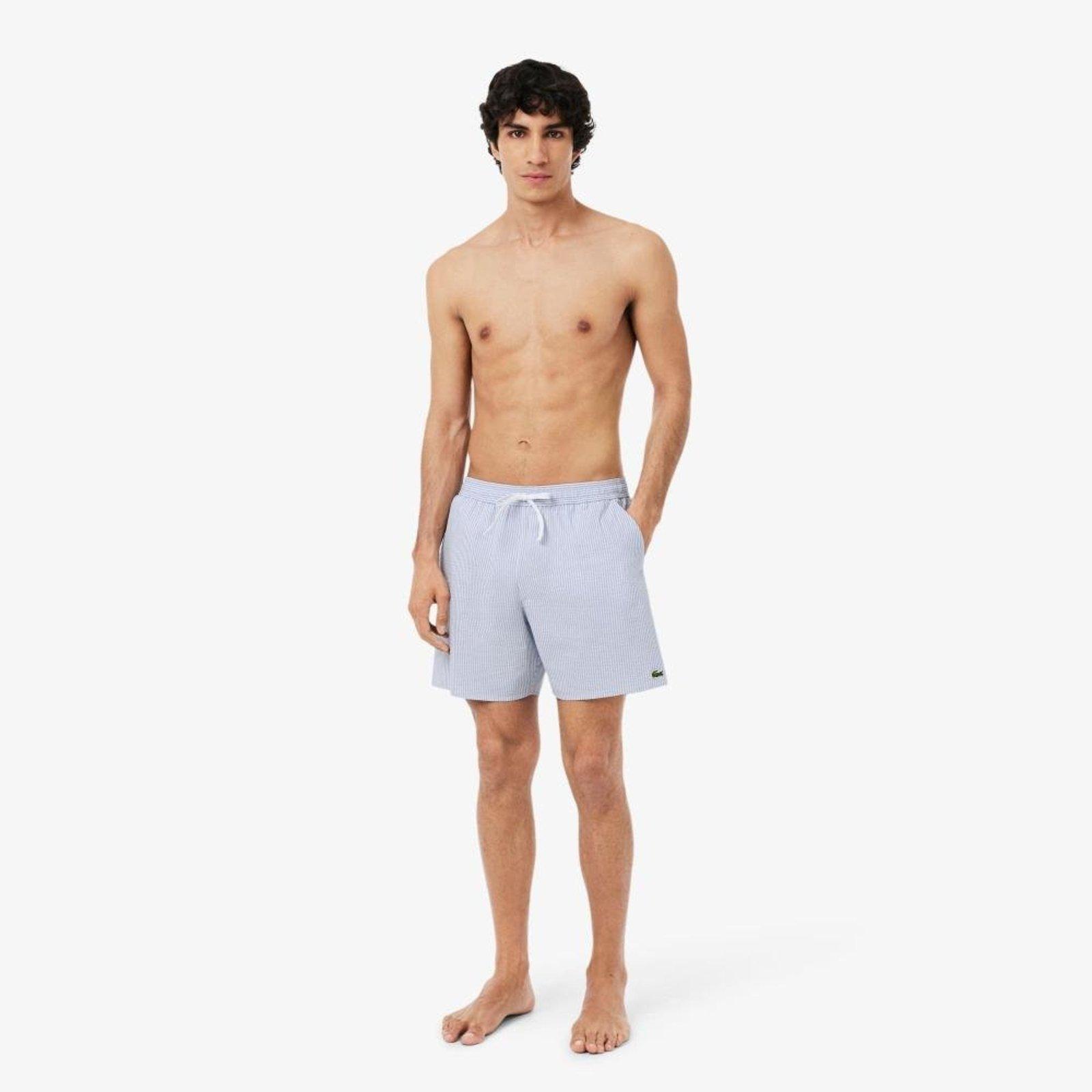 Sunga bermuda listrada de comprimento médio com textura Branco / Azul Claro - G Branco