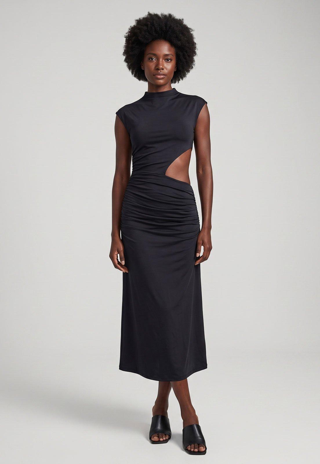 Vestido Colcci Drapeado Gola Alta Preta