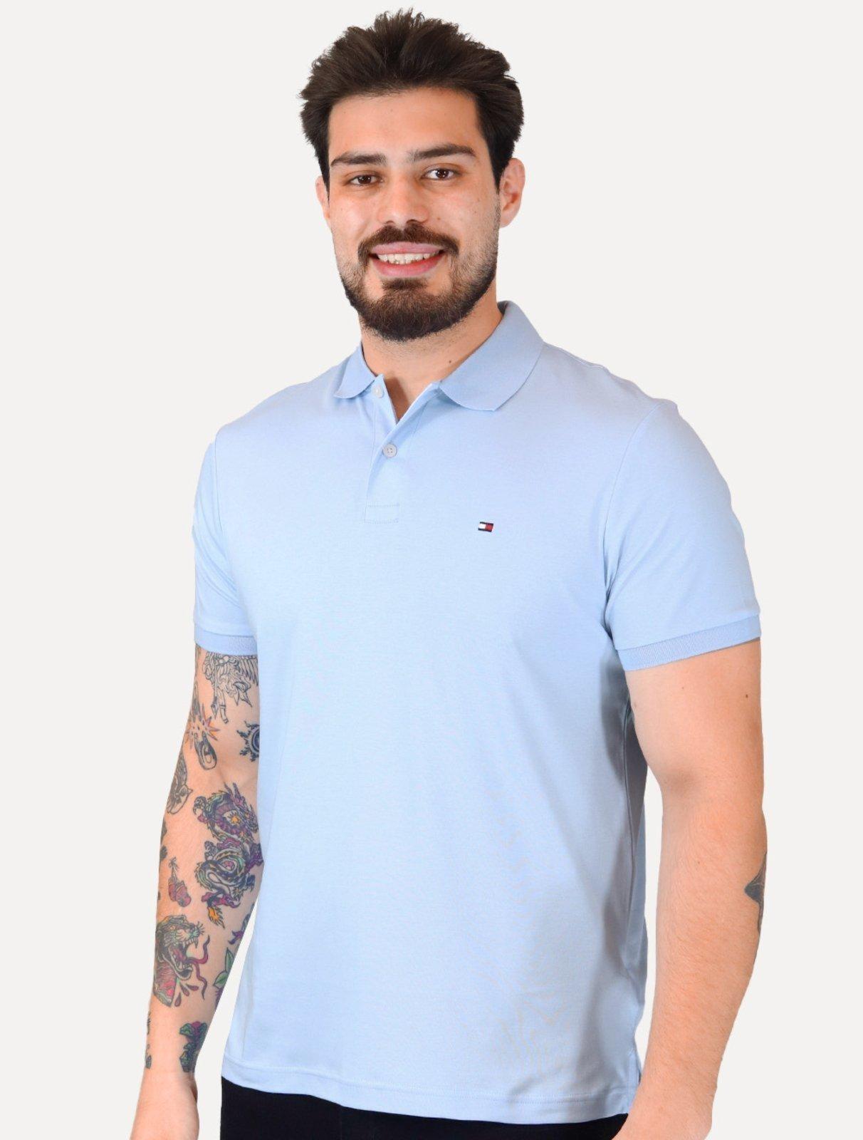 Polo Tommy Hilfiger Masculina Malha Liquid Cotton Seasonal Azul Caribe