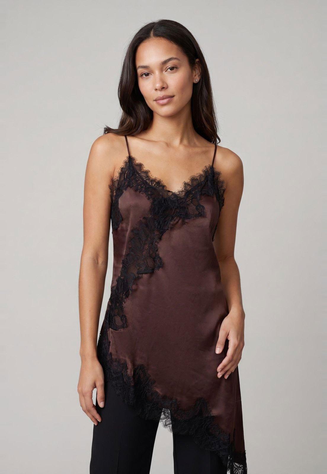 Regata Feminina Mango Alças Finas Renda Marrom