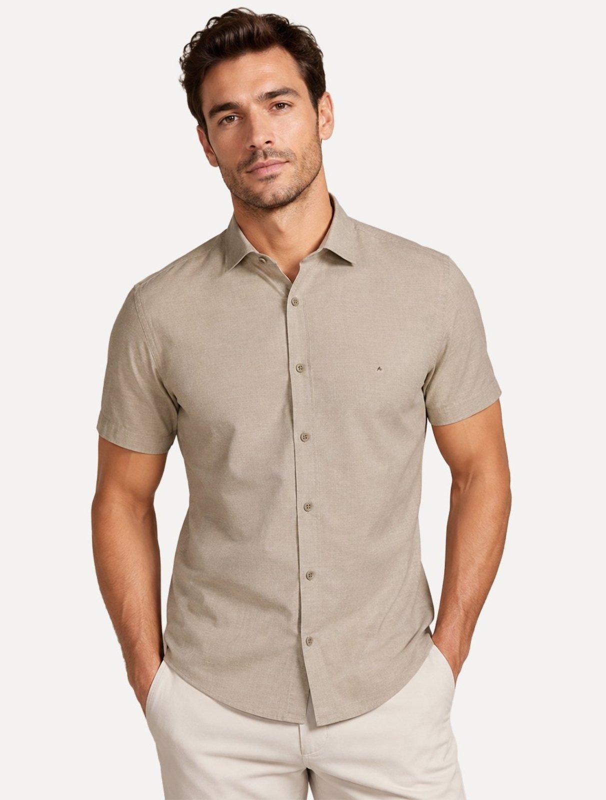 Camisa Aramis Masculina Manga Curta Slim Fil a Fil Antilia Amêndoa