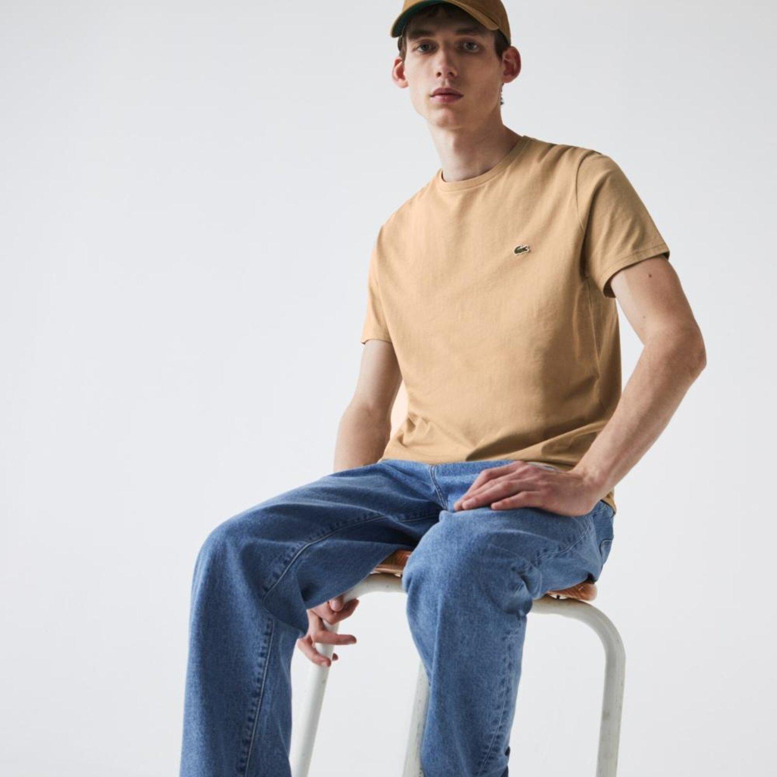 Camiseta Lacoste em Jérsei com Gola Redonda Masculino Bege