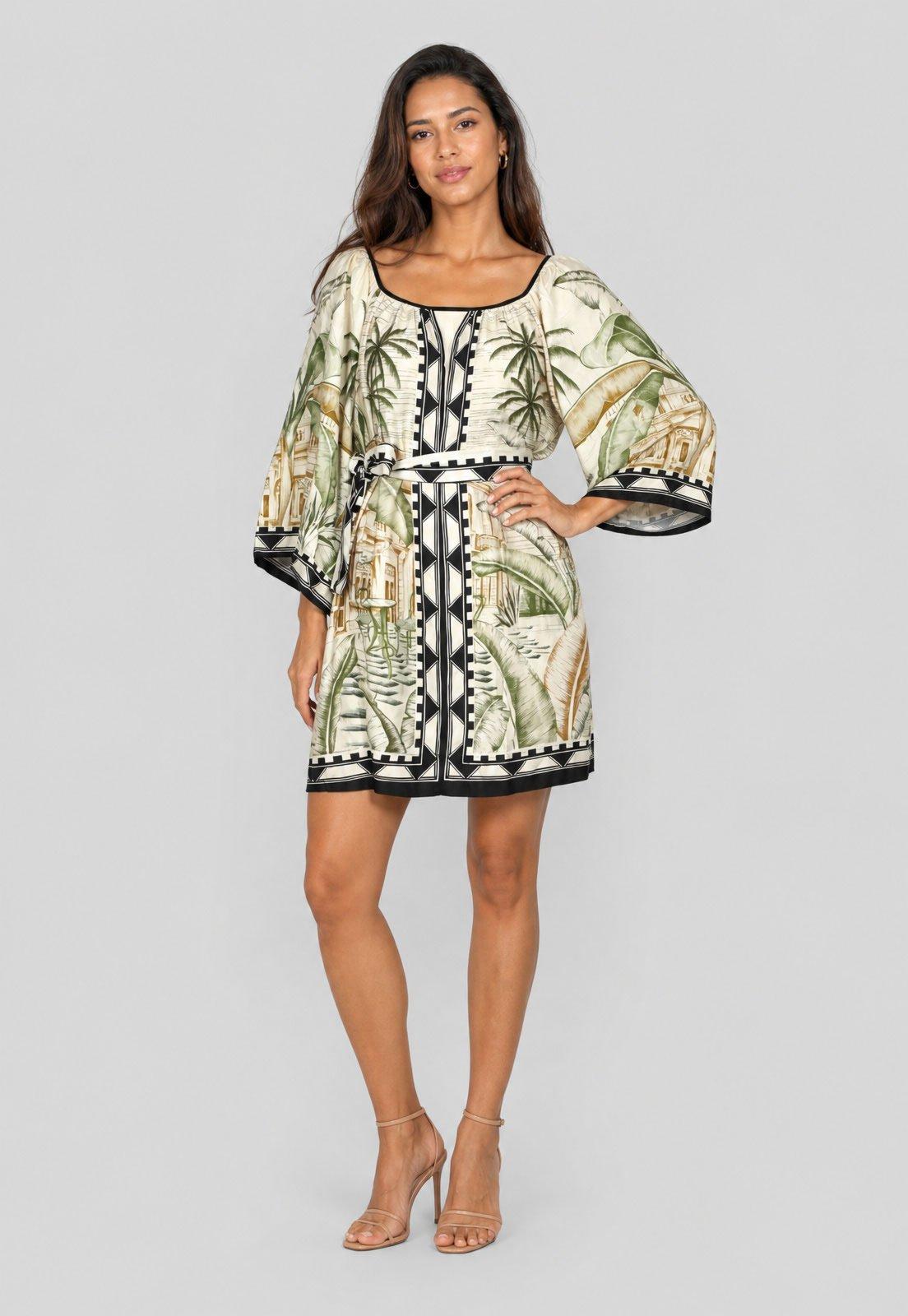 Vestido Feminino FARM Estampado Tropical Manga Longa Off-White
