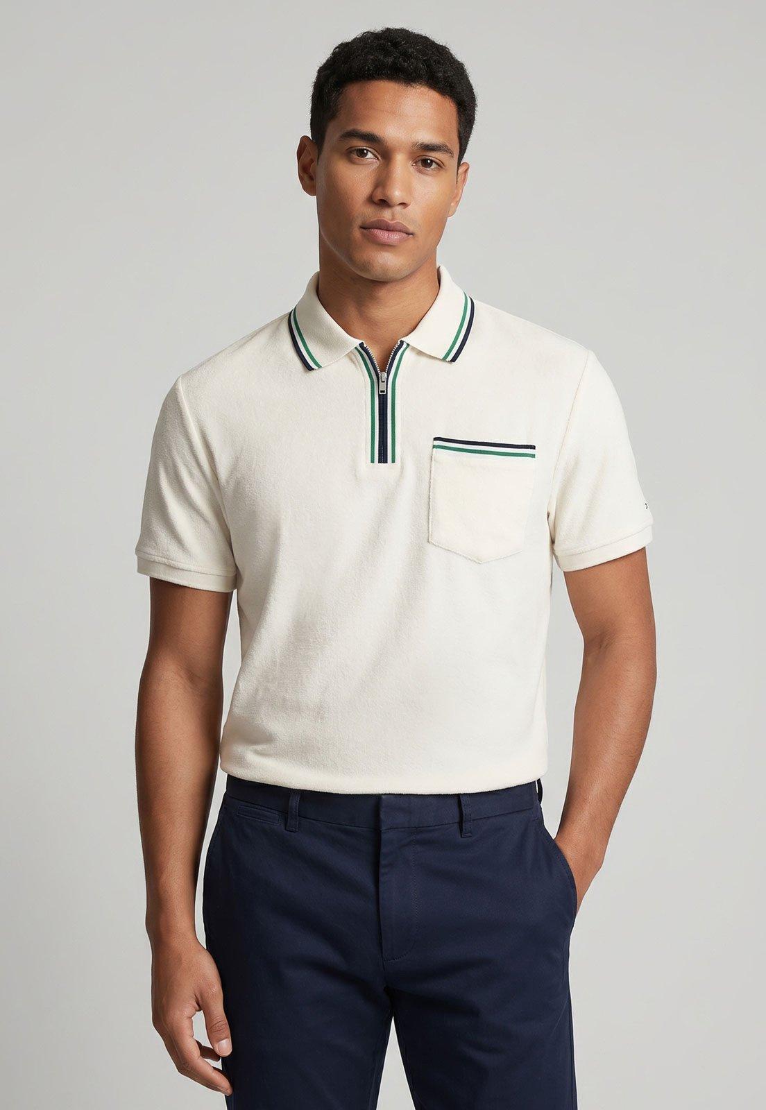 Polo Masculina Tommy Hilfiger Gola Com Zíper Off-White
