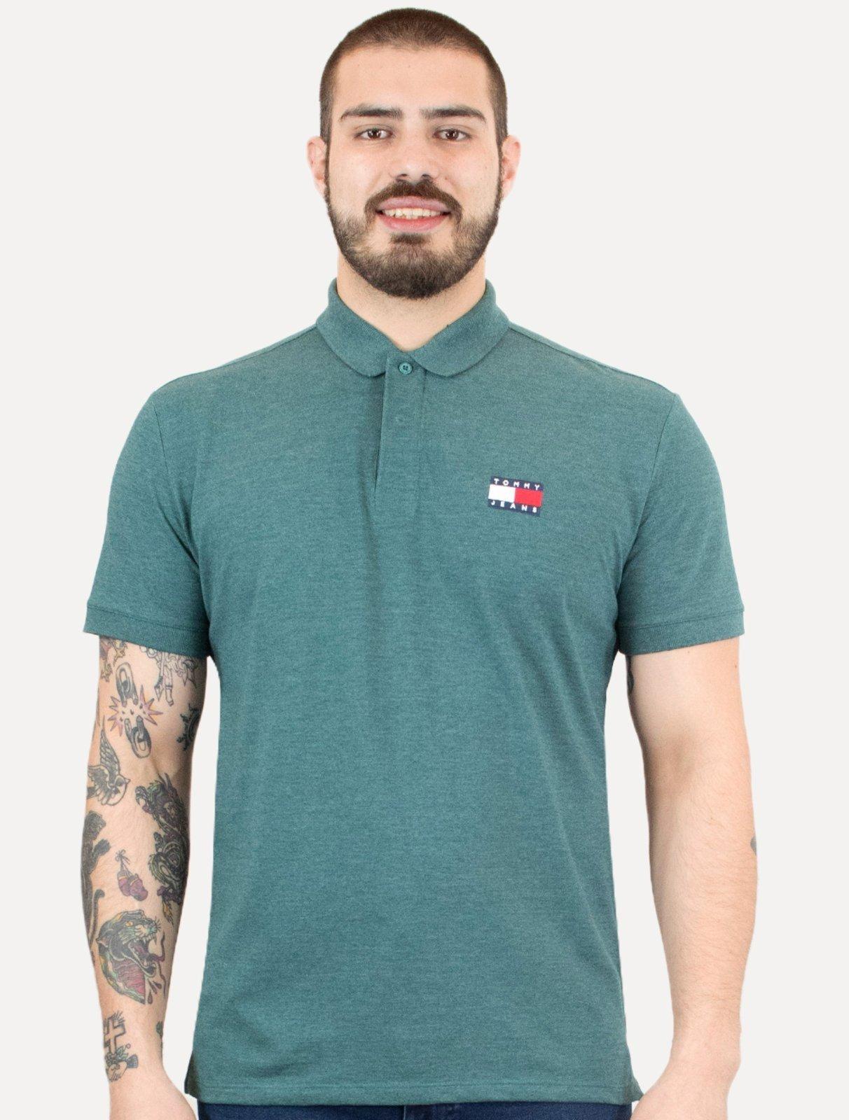 Polo Tommy Jeans Masculina Regular Heather XS Badge Verde Mescla