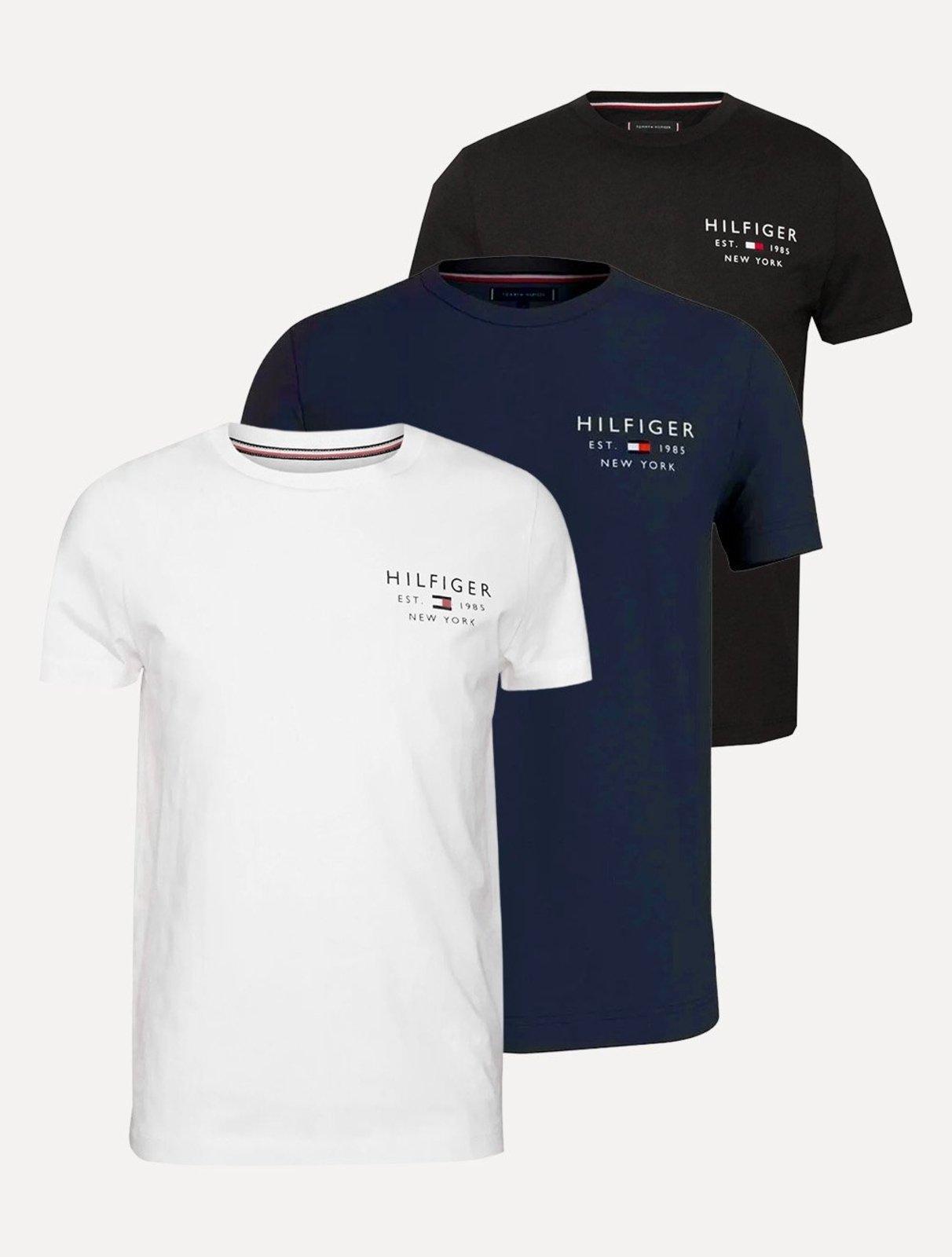 Kit Camisetas Tommy Hilfiger | Masculina Brand Love Small Logo Preta/Azul Marinho/Branca
