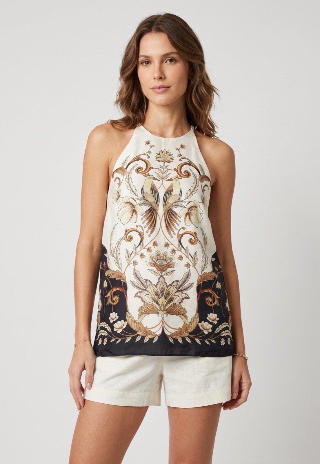 Regata Feminina FARM Alças Finas Estampada Off-White
