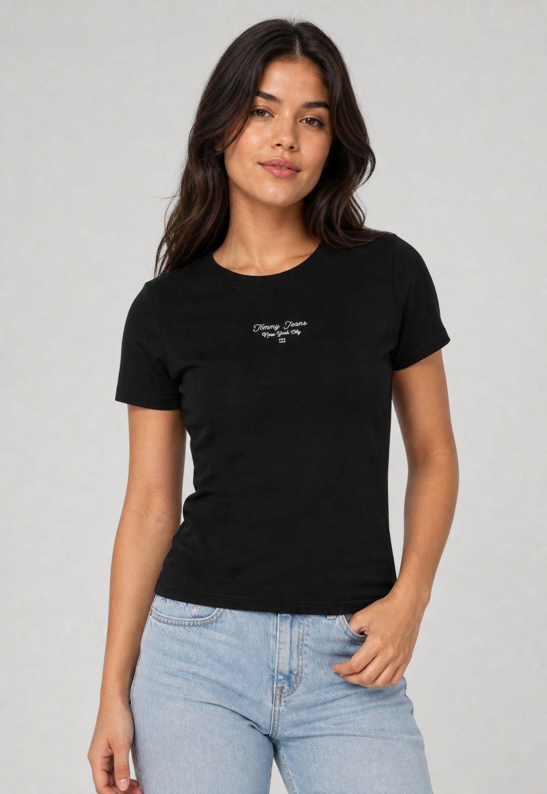 Camiseta Feminina Tommy Jeans Slim Ess Logo Preta