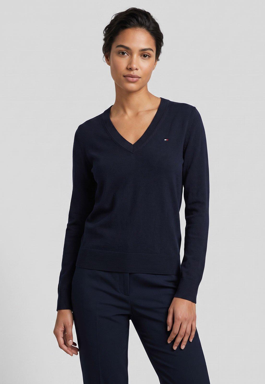 Suéter Tricot Feminino Tommy Hilfiger Decote V Azul Marinho