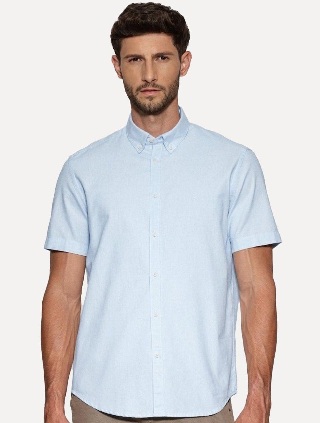 Camisa Aramis Masculina Manga Curta Slim Oxford Planalto Azul Claro