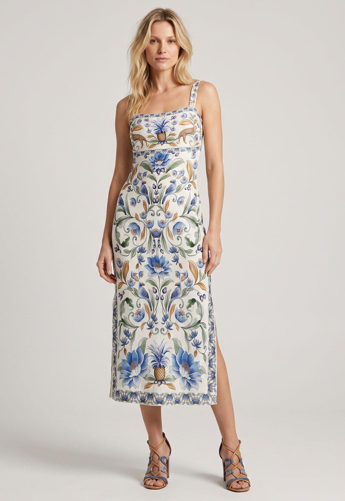 Vestido Feminino FARM Estampado Midi Branco
