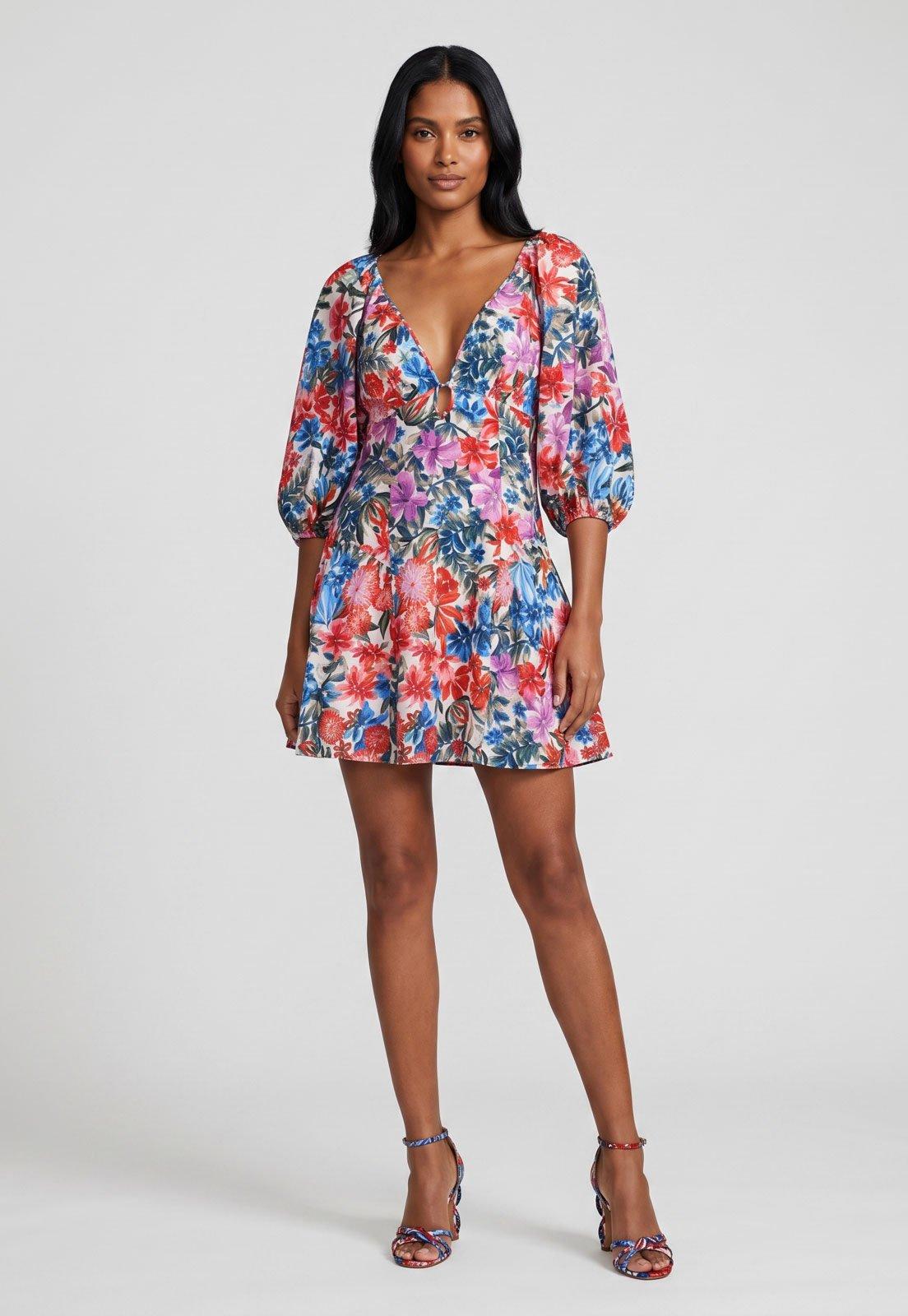 Vestido Feminino FARM Estampado Mangas Longas Rosa