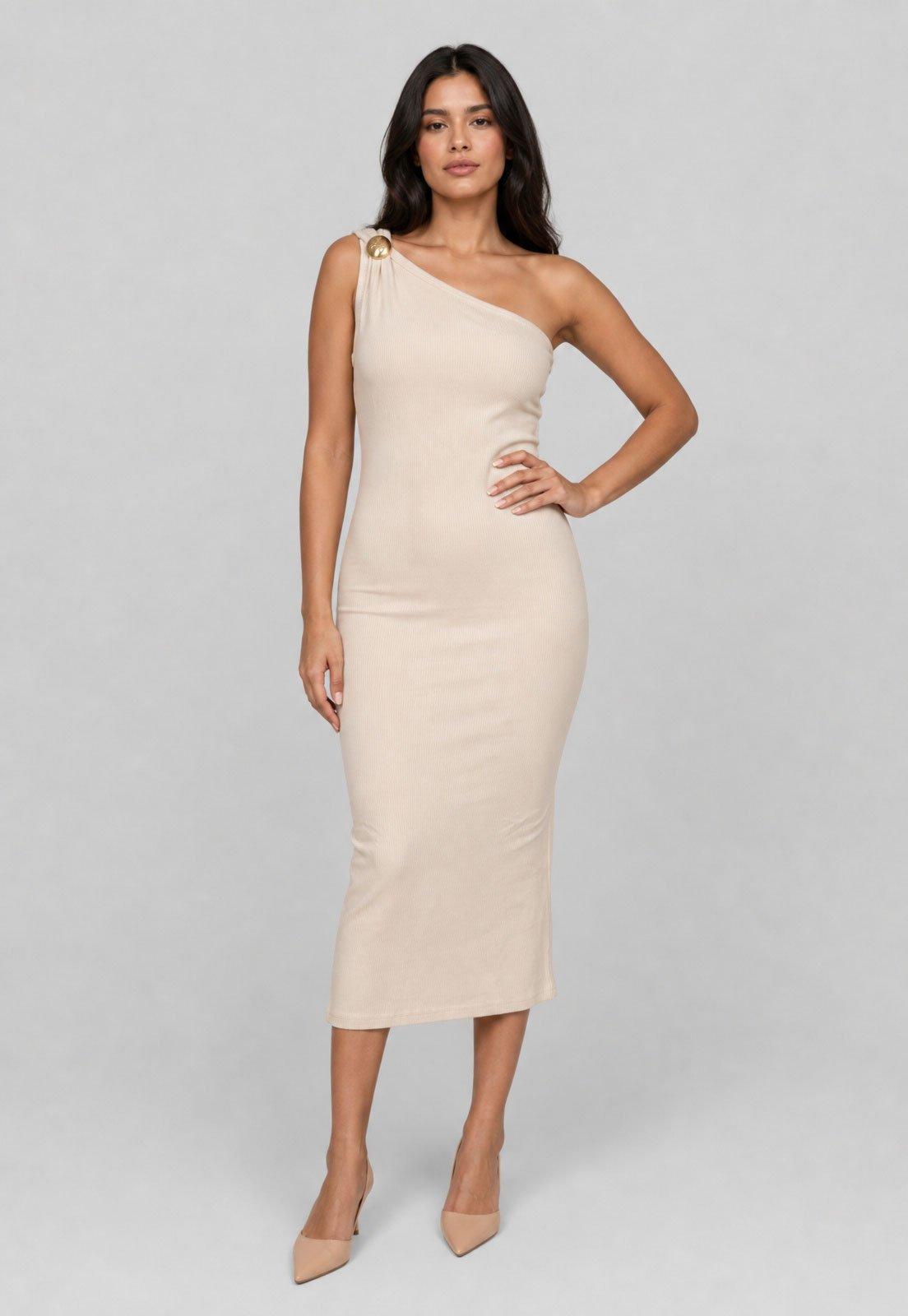 Vestido Feminino Lança Perfume Um Ombro Só Bege