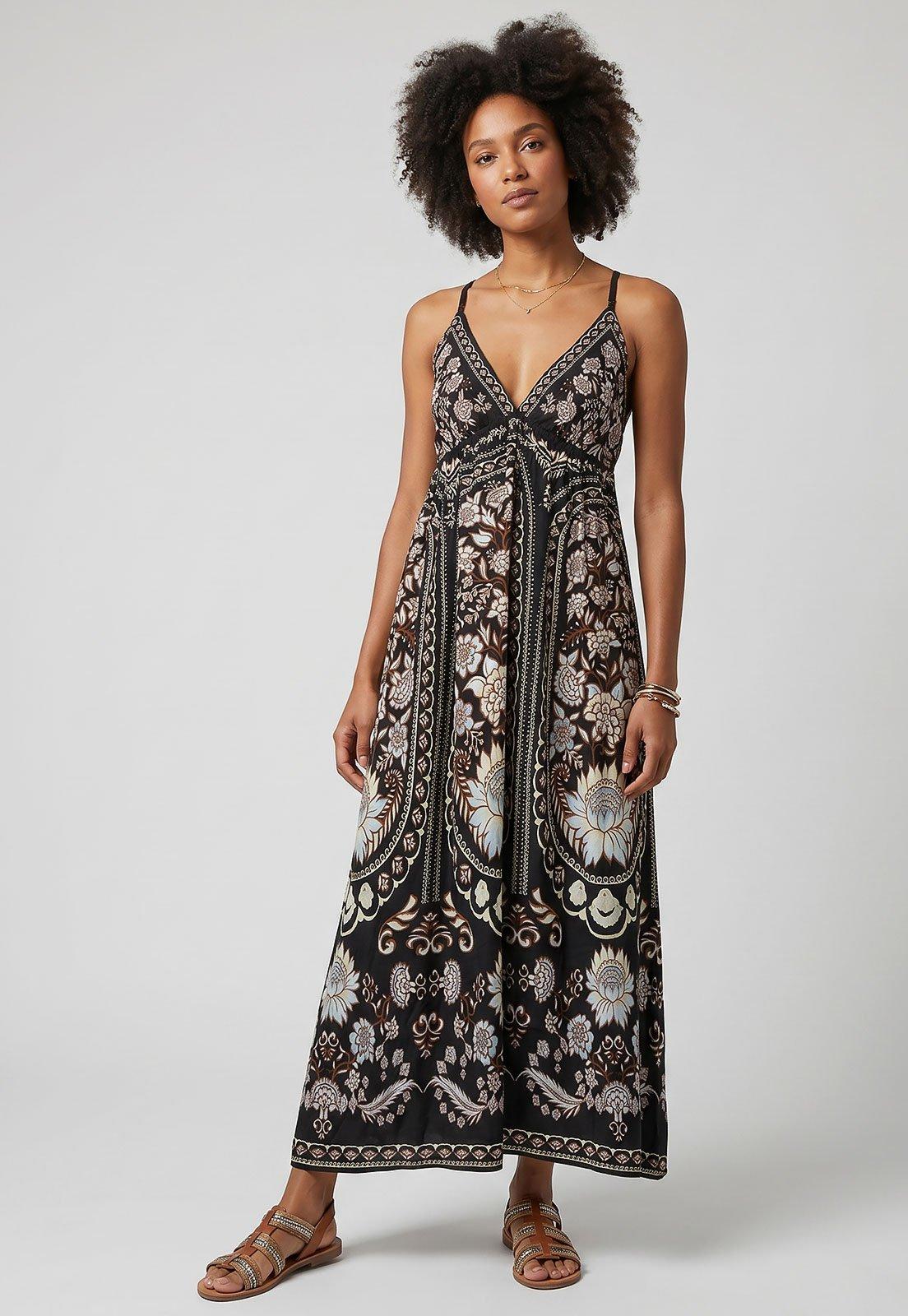 Vestido Feminino FARM Longo Estampado Preto