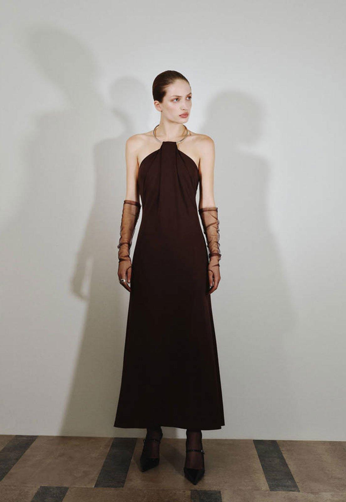 Vestido Feminino Mango Longo Argola Marrom